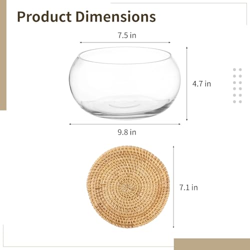Lotus Bowl Planter with Rattan Mat, 10 in Round Glass Vase Bowl | Clear Glass , Open-Top Hydroponic Design, Handwoven Rattan Mat, For Lotus, Water Greens, Fish Bowl And Table Decor