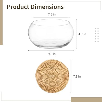 Lotus Bowl Planter with Rattan Mat, 10 in Round Glass Vase Bowl | Clear Glass , Open-Top Hydroponic Design, Handwoven Rattan Mat, For Lotus, Water Greens, Fish Bowl And Table Decor