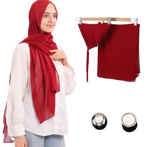 Jonglroy Muslim Chiffon Hijab magnets Head Scarf with Matching Tie Back Jersey Undercap - color: Crimson