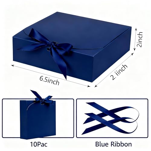 WLUSEAXI 10pack Gift Boxes with Lids, 6.5''x6.5''x2'' Blue Gift Boxes For Presents, Paper Boxes with Ribbon for Birthday Wedding Party Chocolate Candy - color: Blue