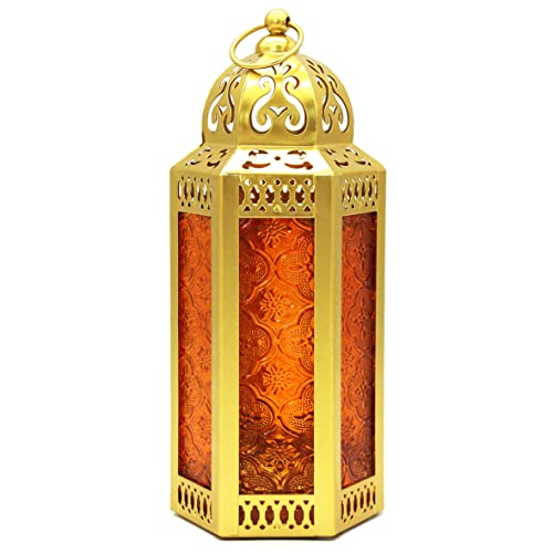 CVHOMEDECO. Decorative Candle Lantern Moroccan Lanterns Vintage Golden Metal Lantern Holder for Home Patio Outdoor Decor. Amber Glass, Medium - color: Amber G