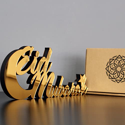 IWA Concept | Wooden Acrylic Islamic Tabletop Decors | Ramadan Kareem and Eid Mubarak Decoration | Islamic Muslim Gifts | Ramadan Eid Decoration | (Eid Mubarak-2, Gold)