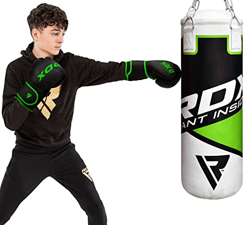 RDX Kids Punching Bag 2FT with Punch Gloves, Unfilled Boxing Set, Non Tear Maya Hide Leather Junior Hanging Bag, Kickboxing MMA Grappling Muay Thai Karate Taekwondo BJJ Training - color: Green