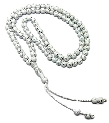 Muslim Tasbih 99 Beads AMN-238 Islam Prayer Rosary with Moon Star Engraved on Islamic Religious Eid Ramadan Gift - color: White_02