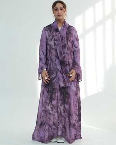 Modest Cardigan Set Women Muslim Dress with Soft Hijab Scarf Islamic Outfits Open Abaya For Eid, Ramadan, Umrah, Hajj - color: Purple, size: S(52)