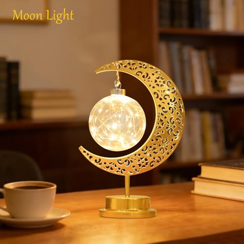 Moon Lamp with Hanging Globe, Decorative Crescent Moon Table Lamp Battery Powered, Retro Metal Islamic Decor LED Night Light for Bedroom Living Room, Gift for Women Birthday Christmas Boho Home Decor - style: Battery Powered Moon Lamp Ball