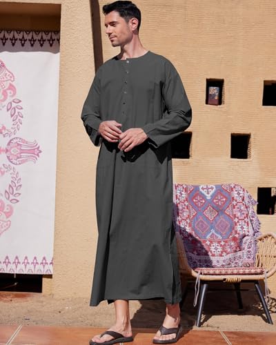 YAOHUOLE Kaftan for Men Long Sleeve Muslim Men Thobe Kaftan Thobe with Pockets - color: Dark Gray, size: Large