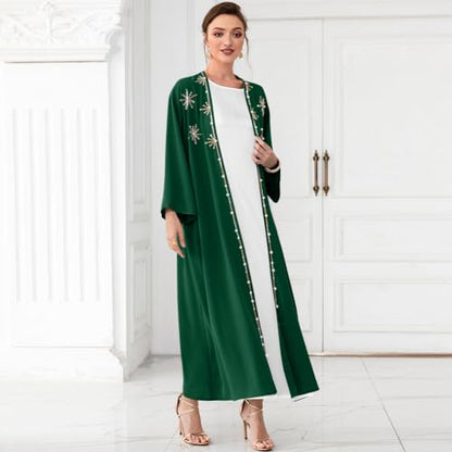 Muslim Abaya Long Sleeve Open Front Rhinestones Kaftan Cardigan Maxi Dress for Women with Belt - color: Dark Green Cardigan, size: Medium
