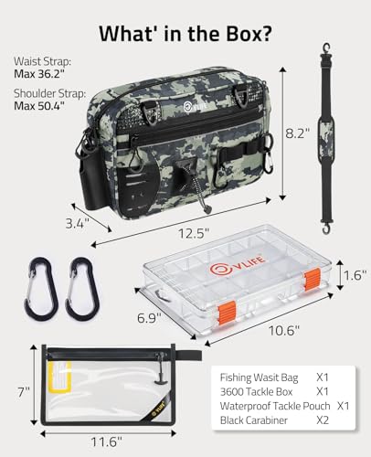 CVLIFE Fishing Tackle Bag Waist Pack with Rod Holder, Waterproof Fanny Pack | 900D Fabric, Convertible Carry, Detachable Shoulder Strap, Landing Net Holster, 3600 Tackle Box, Waterproof Pouch, Carabiners - color: Tactical Camo