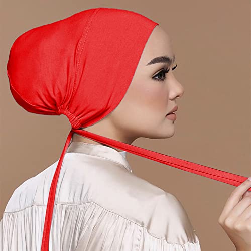 Chiffon Hijab with Undercap Fashion Solid Color Chiffon Head Wraps Under Scarf Caps Muslim Fashion Bandage - color: Red