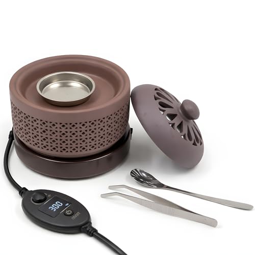 Ceramic Electric Incense Burner with Temperature Control, Timer & Night Light – Bakhoor & Resin Warmer (Brown)