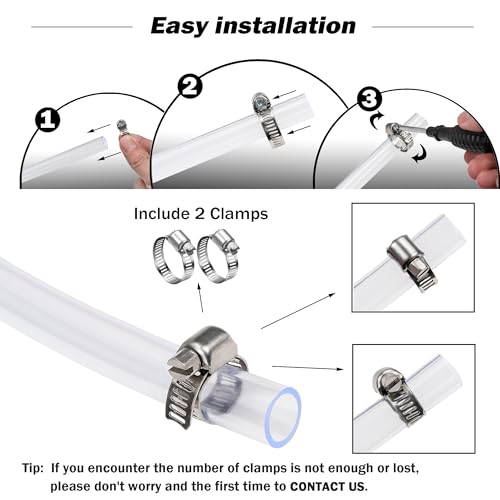 DAVCO 1" ID - 25 ft Clear Vinyl Tubing with 2 Stainless Clamps, Low Pressure Flexible PVC Tube, Heavy Duty UV Chemical Resistant Lightweight Plastic Vinyl Hose, BPA Free and Non Toxic - size: 1"ID, style: 25 Feet