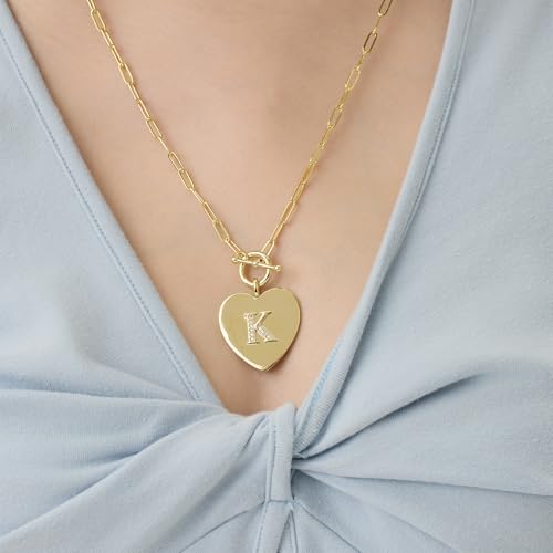 14K Gold Filled Heart Initial Necklace for Women, Dainty Alphabet Pendant Necklace with Paperclip Chain, Hypoallergenic Jewelry Gift for Her - color: Letter K