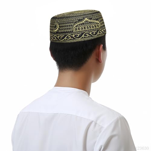 Muslim Prayer Hat for Men Worship Hat Islamic Muslim Prayer Hats Cap Beanie Headwear for Ramadan Eid - color: Gold