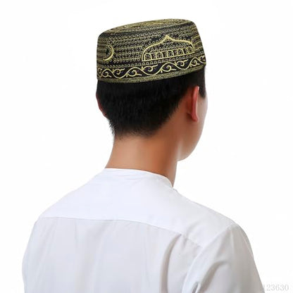 Muslim Prayer Hat for Men Worship Hat Islamic Muslim Prayer Hats Cap Beanie Headwear for Ramadan Eid - color: Gold