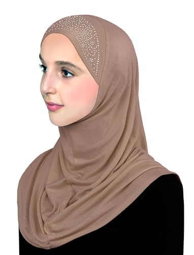 Aiyah Hijab for Girl's 1 piece Elastane-Spandex Amira Head Scarf with Rhinestones Easy Pull-on Headscarf - color: Large - Tan, size: Large