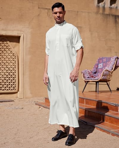 YAOHUOLE Men Islamic Caftan Thobe Big and Tall Kaftan with Pocket Mens Arab Thobe Men Kaftan Thobe - color: White, size: XX-Large