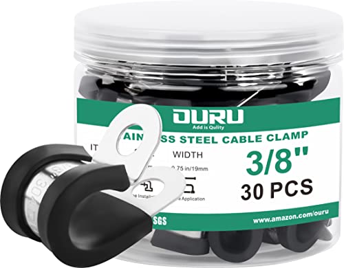 OURU 30pcs 3/8 Inch Stainless Steel Cable Clamps,Rubber Coated Cushioned Insulated Cable Clamp,Automotive Cable Wire Clamps,Pipe Clamps,Metal Clamp for Tube,Lines,Wire Cord Installation(Black,10mm) | 304 Stainless Steel, Anti-Vibration, Rust Resistant, Se