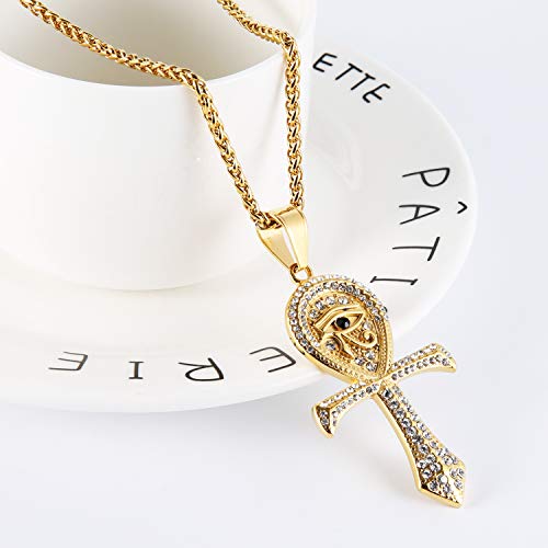 HZMAN CZ Eye of Horus Egypt Protection Pendant Coptic Ankh Cross Religious Stainless Steel Necklace - color: Gold