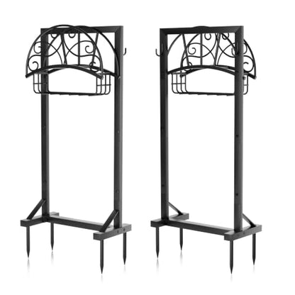 Heavy-Duty Garden Hose Holder with Storage Basket and Tool Hooks, Stable Freestanding Hose Stand Holds 160Ft, Metal Hose Hanger, Rustproof Water Hose Holder Storage for Outside,Yard,Lawn,Farm - color: Matte Black