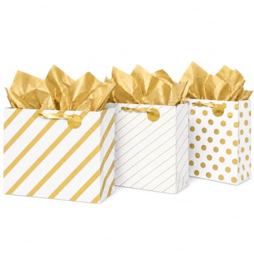MilkToast Brands Large Gift Bags Set of 3 – Colored & Gold Designs (Polka Dot & Stripes) with Tissue Paper & Blank Gift Tags – Premium Gift Wrapping Bags for Birthdays, Holidays & More (White) - color: Large White & Gold