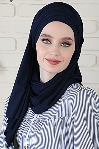 Aisha's Design Instant Hijab Scarves for Women, 95% Cotton Pretied Bonnet Turban Easy to Wear Cotton Headscarf - color: Navy Blue
