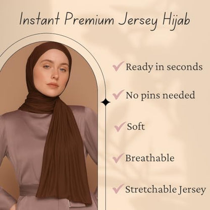 Instant Jersey Hijab for Women – Pre-Sewn Slip-On One-Piece, Soft Stretch, Opaque & Breathable - color: Brown