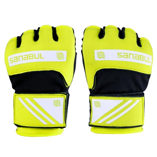 Sanabul Gel Boxing Hand Wraps for Men & Women Muay Thai MMA Kickboxing Quick Wraps Boxing Inner Gloves Wrist Knuckle Protection - color: Neongreen/White, size: Large-X-Large