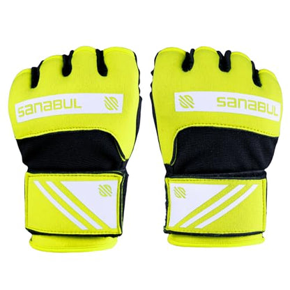 Sanabul Gel Boxing Hand Wraps for Men & Women Muay Thai MMA Kickboxing Quick Wraps Boxing Inner Gloves Wrist Knuckle Protection - color: Neongreen/White, size: Large-X-Large