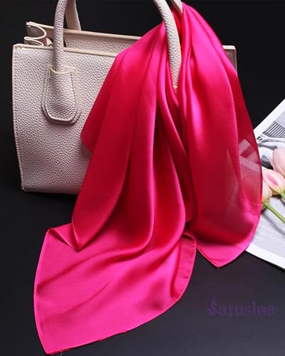 Saiusloa Solid Color Neck Scarf For Women Square Satin Head Scarves headband Bandanas 23.6× 23.6 inches - color: 16-rose Red