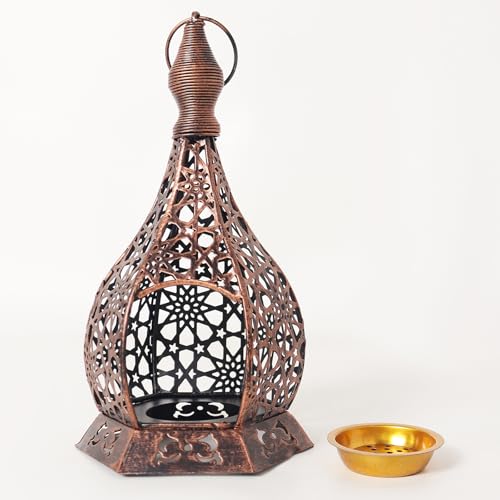 Ramadan Lantern Candle Holder for Home Decor, 9 Inch Hanging Metal Moroccan Lantern with Cutout Pattern, Ramadan Decorations for Home Tabletop Mantel, Eid Mubarak Ramadan Decor