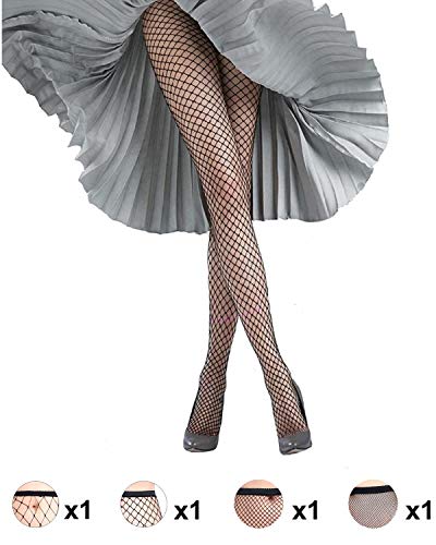 E-Laurels Womens High Waist Patterned Fishnet Tights Suspenders Pantyhose Thigh High Stockings Black - color: Black 4 Pairs
