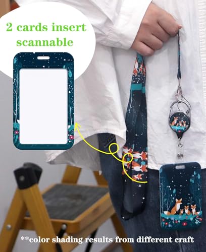 Cute Lanyard with Badge Holder for Teacher, Galaxy Fox Retractable Reel Clip Lanyards for ID Name Cards Keychain Keys - color: Forest Fox