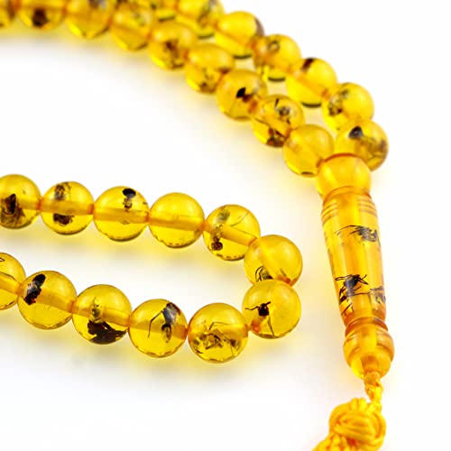 Tasbih Tesbih 이슬람 기도 비즈 51개, 이슬람 이슬람 Subha Sebha Worry 비즈, Misbaha Masbaha Tasbeeh Sibha 비즈, 알라 모하메드 라마단 묵주, 옐로우 앰버 레진 비즈 내부 곤충