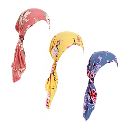 3 Packed Women's Pre Tied Head Scarves Slip On Chemo Beanies Hair Cover Headwrap Caps - color: B2-floral-3 Packed