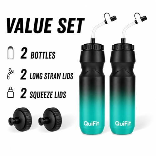 Lacrosse Water Bottle with Long Straw -32oz Hockey Water Bottle 2 Pack with 2 Lids Each- BPA Free Squeeze Sports Water Bottles, Leakproof Dishwasher Safe- for Helmet,Lacrosse (Black Blue+Black White) - color: Black Blue+Black White