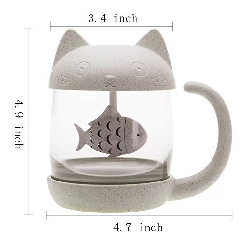 10 oz Cute Cat Glass Cup Tea Mug With Fish Tea Infuser Strainer Filter