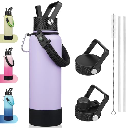 BJPKPK 40oz Insulated Water Bottle with 3 Lids, Straw Lid & Handle - color: Lavender, size: 40 Ounces