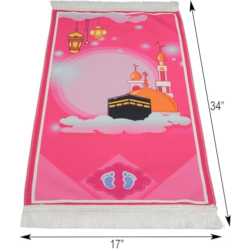 Modefa Turkish Islamic Child Prayer Rug Gift Set - Thin Praying Carpet for Boys and Girls - Muslim Digital Print Kids Prayer Mat Gift Ramadan or Eid with Tesbih Prayer Beads - Pink