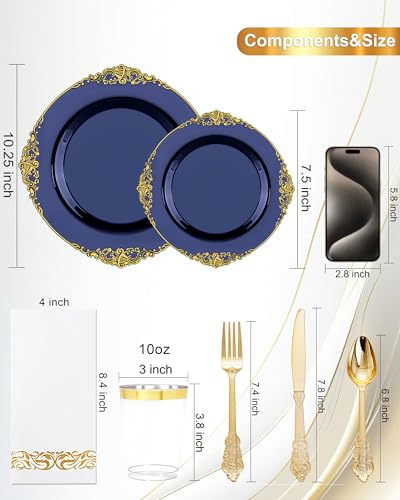 Nervure 175PCS Blue Plastic Plates - Blue Gold Plastic Dinnerware Set Disposable Include 50 Plates for Dinner and Dessert, 25Knives, 25Spoons, 25Forks, 25Cups, 25Napkins for Weddings & 4th of July - color: Navy, style: 175Pcs(25Guests)