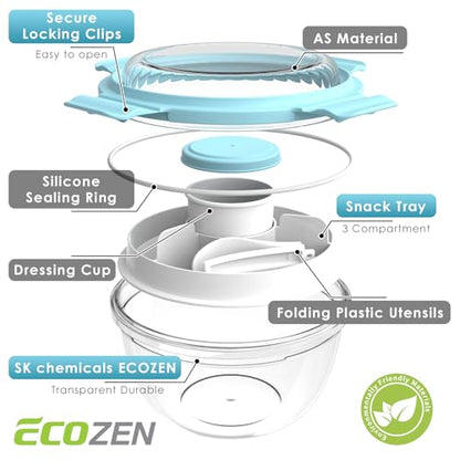 WHALEHOUSE Clear Eco-friendly SK chemicals ECOZEN Salad Container, 33OZ Portable Plastic Salad Bowls with Lid & Snack Tray, Leak-Proof Dressing Container, Reusable Fork, Lunch Box for Meal Prep (Blue) - color: Blue
