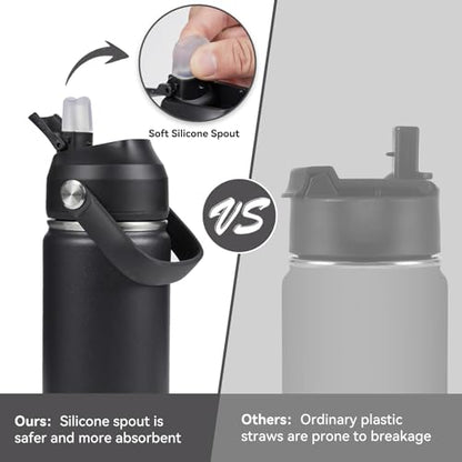 Fijinhom 18oz Insulated Stainless Steel Water Bottle, Wide Mouth Double Wall Vacuum, Silicone Straw, Sweat & Leak Proof, BPA Free Insulated Water Flask for Travel, Keep Cold 24h Hot 12h, Black - color: Black, size: 18 Ounces