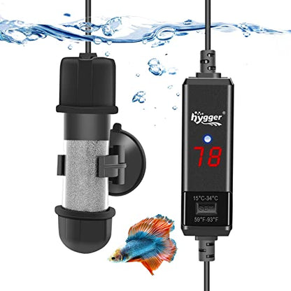 hygger Small Aquarium Betta Heater, Submersible Fish Tank Heater 10W/25W/50W/100W with LED Digital Display, Suitable for Marine Saltwater and Freshwater up to 5/10/16/26 Gallon - size: 50W