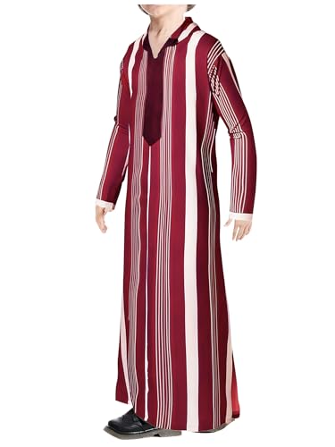 WSPLYSPJY Boys Muslim Thobe Striped Islamic Robe | Boys Muslim Thobe Striped Maxi Kaftans Kids Hooded Long Sleeve Arab Gown Islamic Robe - color: Wine Red, size: 11-12 Years