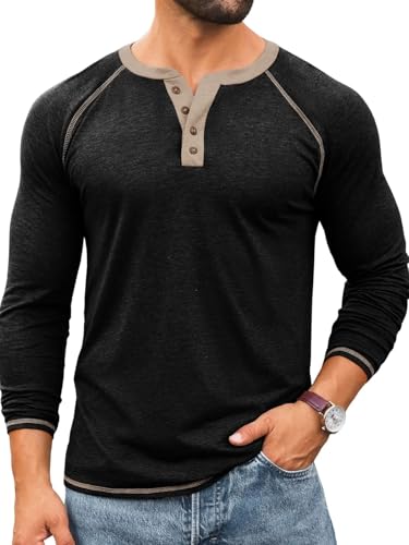 Yousify Mens Henley Shirts Long Sleeve Tops - color: Black, size: Large