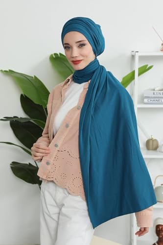Aisha's Design Instant Hijab Scarves for Women, 95% Cotton Pretied Bonnet Turban Easy to Wear Cotton Headscarf - color: Petrol Blue