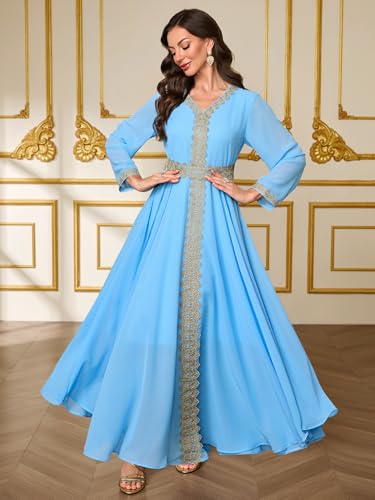 Elegant Muslim Dress Traditional Islamic Attire Maxi Robe Eid Prayer Gown - color: Blue, size: Small