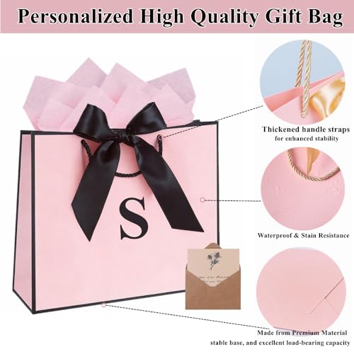 Topaliving Personalized Gift Bag with Card and Tissue Paper, 26 Letters Birthday Gift Bag 13'' Custom Valentines Weddings Present with Initials/Numbers for Women Men Kids (Red,H) - color: Red, size: H