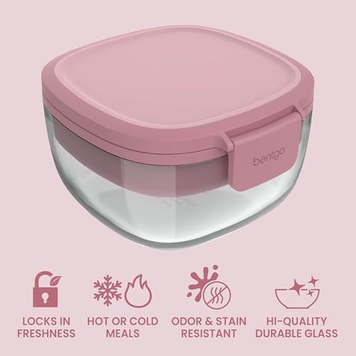 Bentgo Glass Salad Container - 7.6-Cup Salad Bowl with Airtight Lid, Leak-Proof Sauce Container, 4-Compartment Bento Tray & Reusable Fork - BPA-Free for Meal Prep, Office & More (Rose) - color: Rose