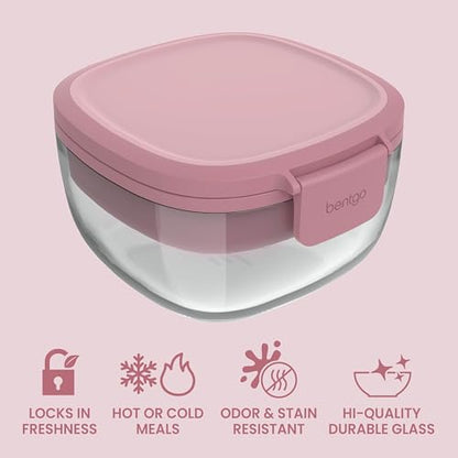 Bentgo Glass Salad Container - 7.6-Cup Salad Bowl with Airtight Lid, Leak-Proof Sauce Container, 4-Compartment Bento Tray & Reusable Fork - BPA-Free for Meal Prep, Office & More (Rose) - color: Rose
